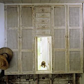 A simple built-in cupboard with a meshwork front