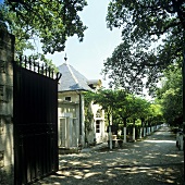 Opened metal gate with a view of a country home and alley