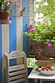 Chair and table with flowers in pots