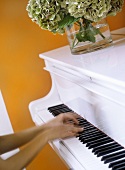 A detail of womanÕs hands playing a white piano, hydrangeas in vase on top of the piano,