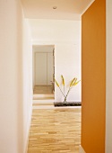 A view of a modern, open plan minimalist room, orange wall, wooden floor,
