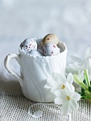 Speckled eggs in a white cup and flowers on a lace tablecloth