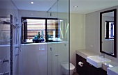 A modern bathroom with a shower area and a glass partition wall in front of a toilet and a wash basin