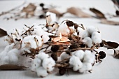 A wintry wreath made of cotton, cones and a candle