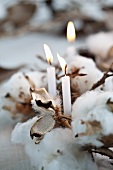 A wintry wreath made of cotton, cones and a candle (close-up)