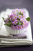 A bunch of baby primroses in a bowl on top of a pile of napkins