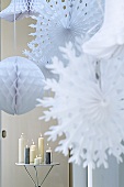 Christmas decorations: Paper stars and Chinese lanterns (close up)