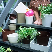 A girl's feet on a flight of stairs surrounded by pots of herbs