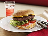 Cheeseburger with tomato, lettuce and onion