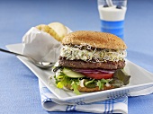 Hamburger with sprouts and feta