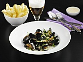 Steamed mussels, chips and beer