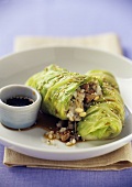 2 cabbage rolls with mushroom & rice filling & sesame soy sauce