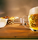 Beer and bread basket with bread products