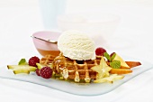 Waffles with vanilla ice cream and fruit