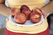 Woman holding plate of nectarines