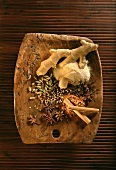 Assorted spices in wooden bowl