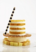 Sour cream cake with quince and apple jelly on vanilla parfait