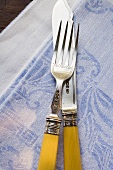 Fish knife and fork on blue patterned cloth