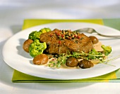 Peppered steak with sweet chestnuts and broccoli