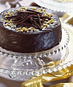 Festive chocolate cake on cake stand