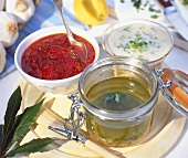Herb marinade, tomato sauce and yoghurt dip