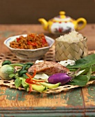 Nam prik ong (Thai mince dish) with ingredients