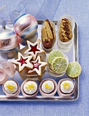 Assorted biscuits and Christmas baubles