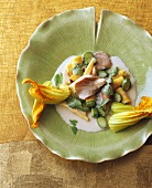 Bamboo, courgette flowers & oyster mushrooms in coconut sauce