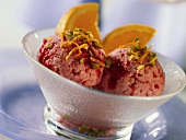 Raspberry yoghurt sorbet with pistachios