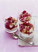 Layered raspberry and yoghurt dessert with muesli