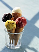 Ice cream cones with various types of ice cream