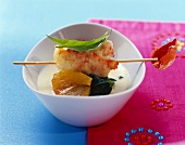 Langouste in almond tempura over polenta soup