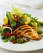 Barbecued chicken breast with bacon and salad