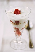 Layered dessert of yoghurt, muesli and raspberries
