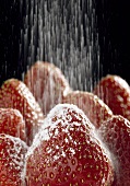 Dusting strawberries with icing sugar