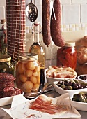 Pickled vegetables and sausages in a delicatessen