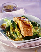Salmon on bed of green vegetables