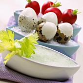 Salad ingredients: quails' eggs, radishes & whipped dressing