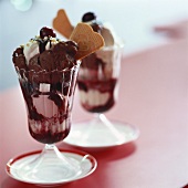 Ice cream sundaes with chocolate, vanilla & strawberry ice cream