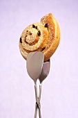 A raisin snail in cake tongs