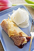 Sweet spring roll with strawberry filling & vanilla ice cream