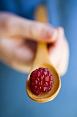 Hand holding raspberry on a wooden spoon