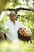Mann steht unterm Baum mit einem Korb Äpfel