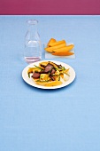 Beef fillet with mango and ribbon pasta