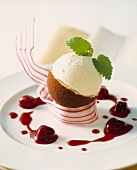 White chocolate mousse with cherry sauce