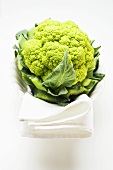 Green cauliflower in bowl with white cloth
