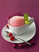 A scoop of raspberry ice cream with fresh mint in a cup