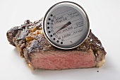 Fried beef steak with meat thermometer