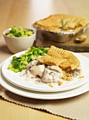 Chicken and pancetta pie with salad