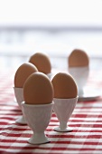 Eggs in eggcups on checked tablecloth